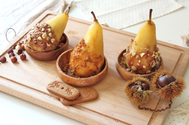 Poires pochées au thé Chaï, version praliné, caramel ou crème de marrons