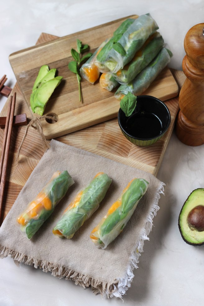 Rouleaux de printemps vegan avocat concombre et mangue - photography