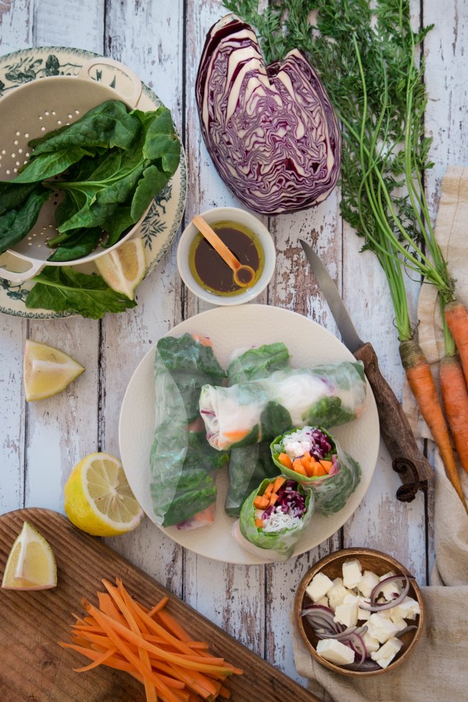 Rouleaux de printemps végétariens au chou rouge - spring rolls photography